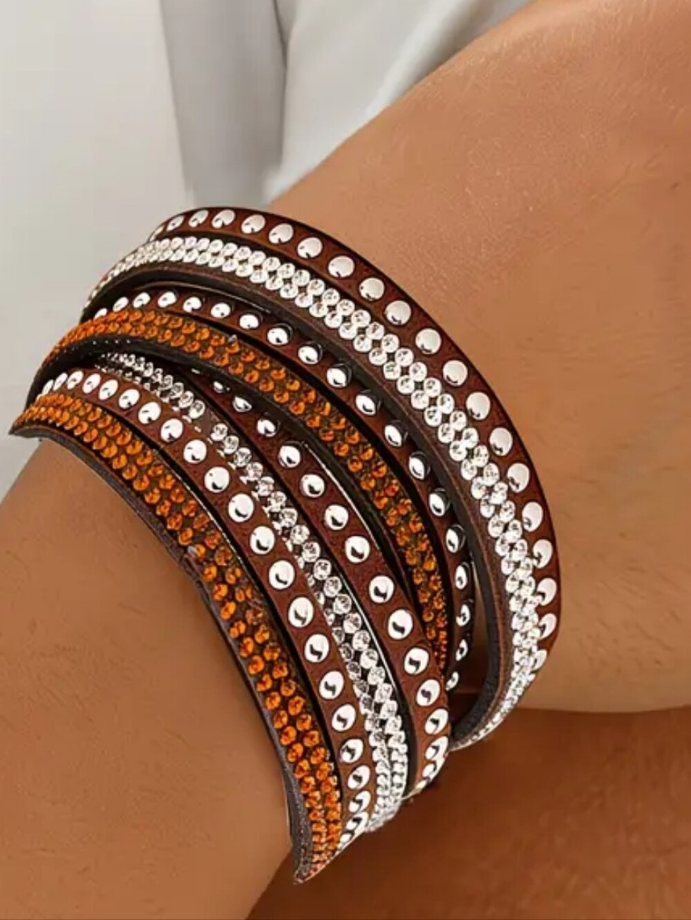 🆕️ BROWN WITH RHINESTONES & SILVER STUDS WRAP BRACELET